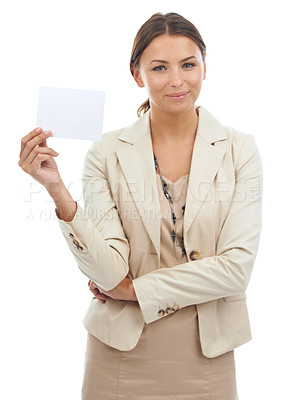 Buy stock photo Happy woman, portrait and business card for advertising or marketing on a white studio background. Young female person or employee smile with poster, empty sign or paper on mockup space for branding