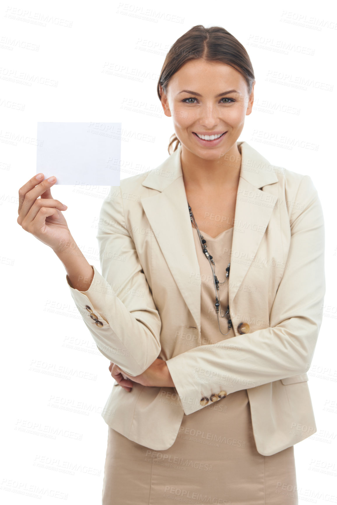 Buy stock photo Woman, portrait and business card in advertising or marketing on a white studio background. Face of happy young female person or employee smile with poster, empty sign or blank paper for mockup space