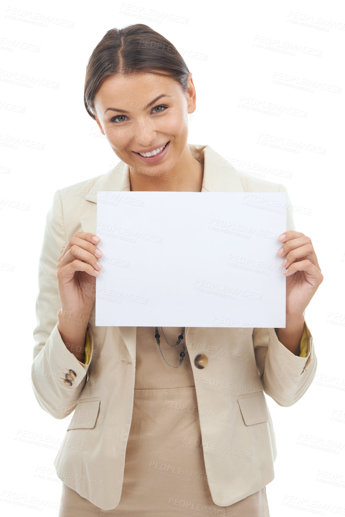 Buy stock photo Happy woman, portrait and billboard for advertising or marketing on a white studio background. Young female person or employee smile with poster, empty sign or blank paper for message or mockup space