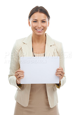 Buy stock photo Excited woman, portrait and billboard for advertising or marketing on a white studio background. Female person or employee smile with poster, empty sign or blank paper for message or mockup space