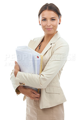 Buy stock photo Woman, portrait and business paperwork for professional planning research, project or administration. Female person, face and document file in studio white background for management, notes or mockup