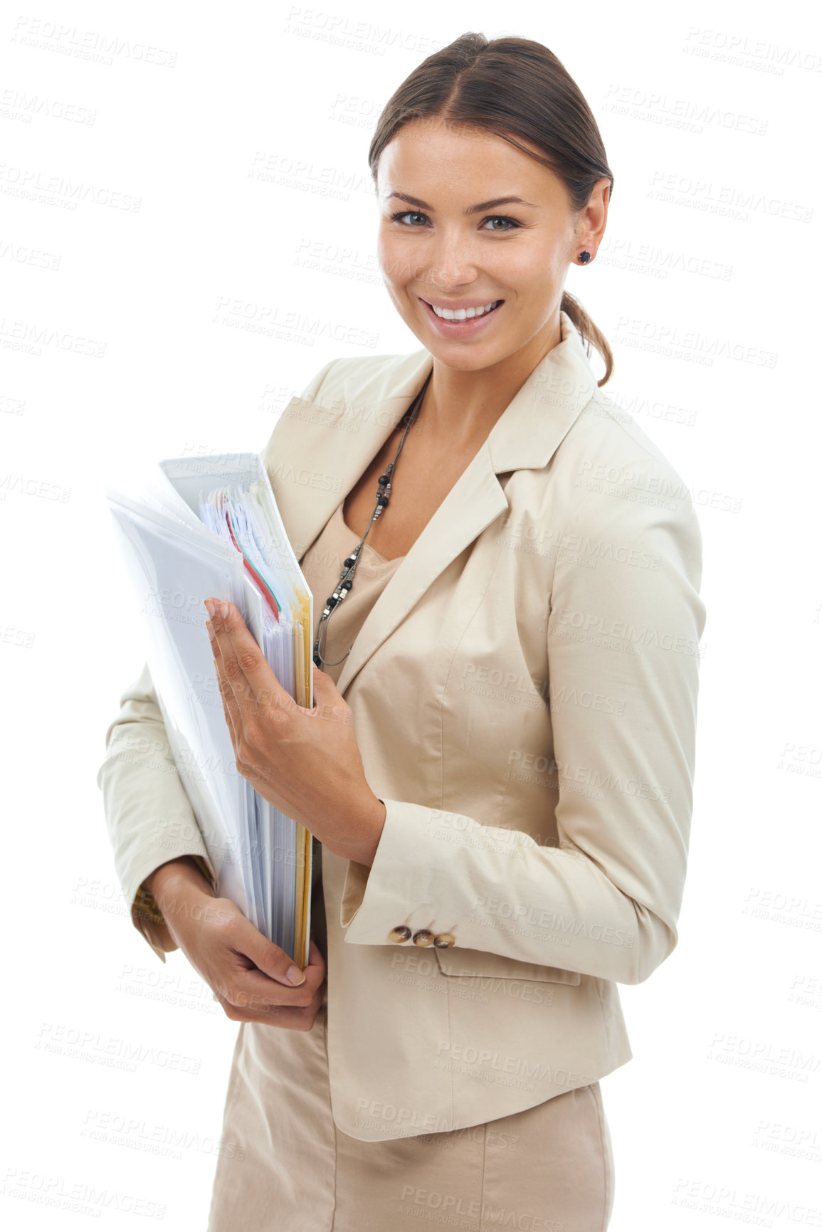 Buy stock photo Studio shot of an attractive young businesswoman holding paperwork isolated on white