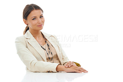 Buy stock photo Businesswoman, portrait and corporate confidence as manager in studio, white background or mockup space.  Female person, face and consultant worker at desk or outfit for pride, job or development