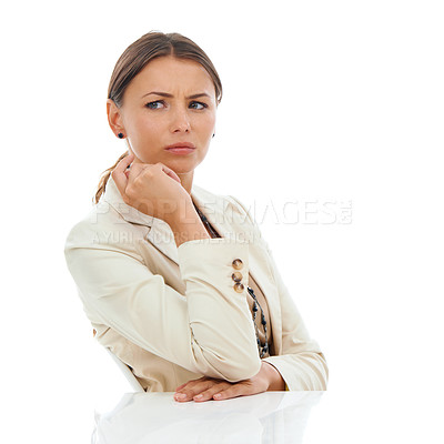 Buy stock photo Businesswoman, thinking and problem solving or solution in studio, white background or mockup. Female person, thoughts and concern for company decision or confused idea, corporate or brainstorming
