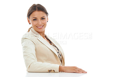 Buy stock photo Businesswoman, portrait and corporate confidence as professional in studio, white background or mockup space.  Female person, face and smile for company manager pride or employee, growth or career