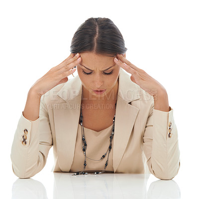 Buy stock photo Frustrated woman, headache and mistake in anxiety, stress or mental health on a white studio background. Tired female person in business debt, burnout or financial depression for loss or fatigue