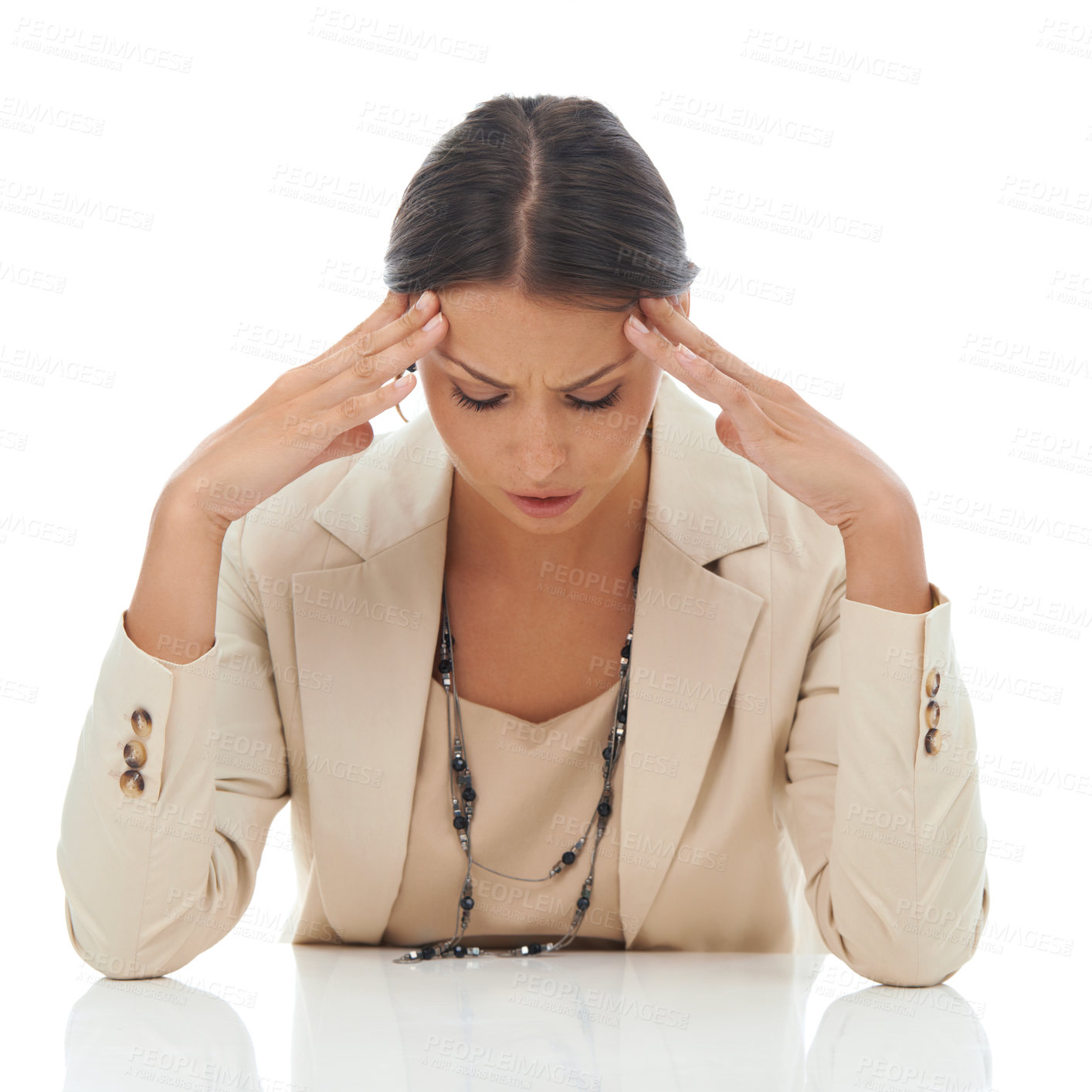 Buy stock photo Frustrated woman, headache and mistake in anxiety, stress or mental health on a white studio background. Tired female person in business debt, burnout or financial depression for loss or fatigue