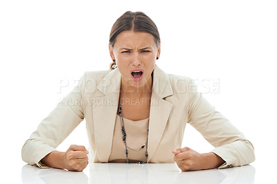Buy stock photo A young businesswoman slamming her fists down in anger and frustration, isolated on white