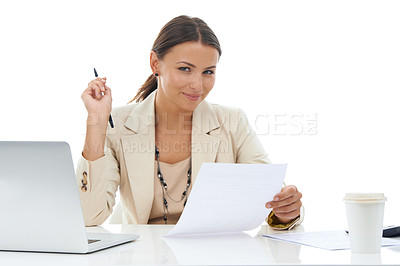 Buy stock photo Happy business woman, laptop and documents for finance, accounting or budget planning on a white studio background. Portrait of female person, accountant or employee smile with computer and paperwork