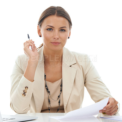 Buy stock photo Business woman, portrait and documents of accountant in finance or budget planning on a white studio background. Face of female person or employee with paperwork for financial expenses or accounting