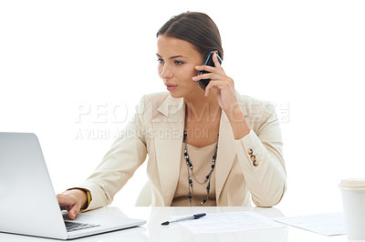 Buy stock photo Businesswoman, phone call and laptop research at desk in studio or email networking, mockup space or white background. Female person, digital device and talking as corporate manager, internet or chat