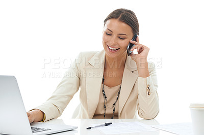 Buy stock photo Businesswoman, phone call and laptop conversation at desk in studio for networking, mockup space or white background. Female person, digital device and talking as corporate manger, internet or chat