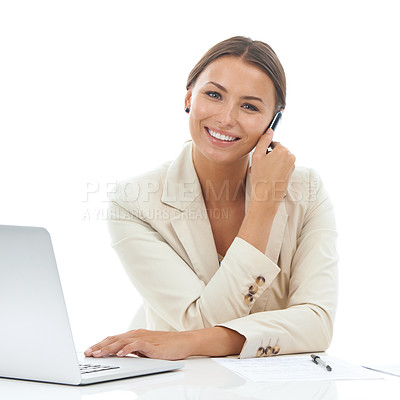 Buy stock photo Woman, portrait and phone call at laptop in studio as corporate law attorney or communication, client help or networking. Female person, digital device and white background mockup, paperwork or email