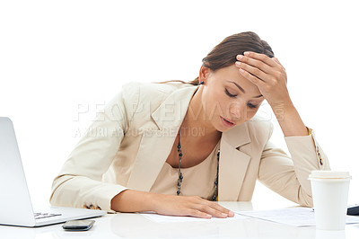 Buy stock photo Businesswoman, paperwork and stress at desk for work as sales consultant for deadline fail, burnout or frustrated. Female person, document and anxiety headache or employee, studio or white background