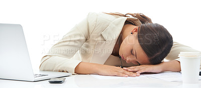 Buy stock photo Businesswoman, laptop and sleep at desk for work as sales consultant for deadline fail, burnout or tired. Female person, paperwork and overtime fatigue employee for stress, studio or white background