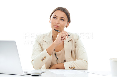 Buy stock photo Businesswoman, thinking and idea at laptop for problem solving, mockup space or studio. Female person, thoughts and brainstorming project proposal on white background or strategy, decision or opinion