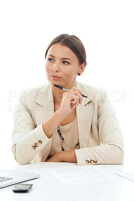 Buy stock photo Woman, attorney and contract thinking or document for corporate law, decision or white background. Female person, thoughts and paperwork or studio for professional company growth, proposal or mockup