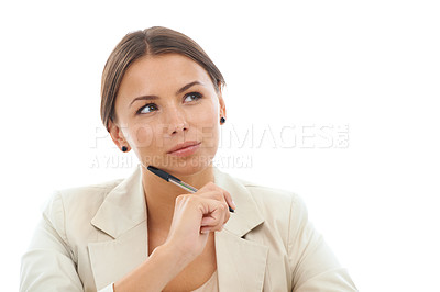 Buy stock photo Thinking, white background and face of business woman with ideas, ambition and problem solving with pen. Administration, corporate and isolated worker with pride, wondering or brainstorming in studio