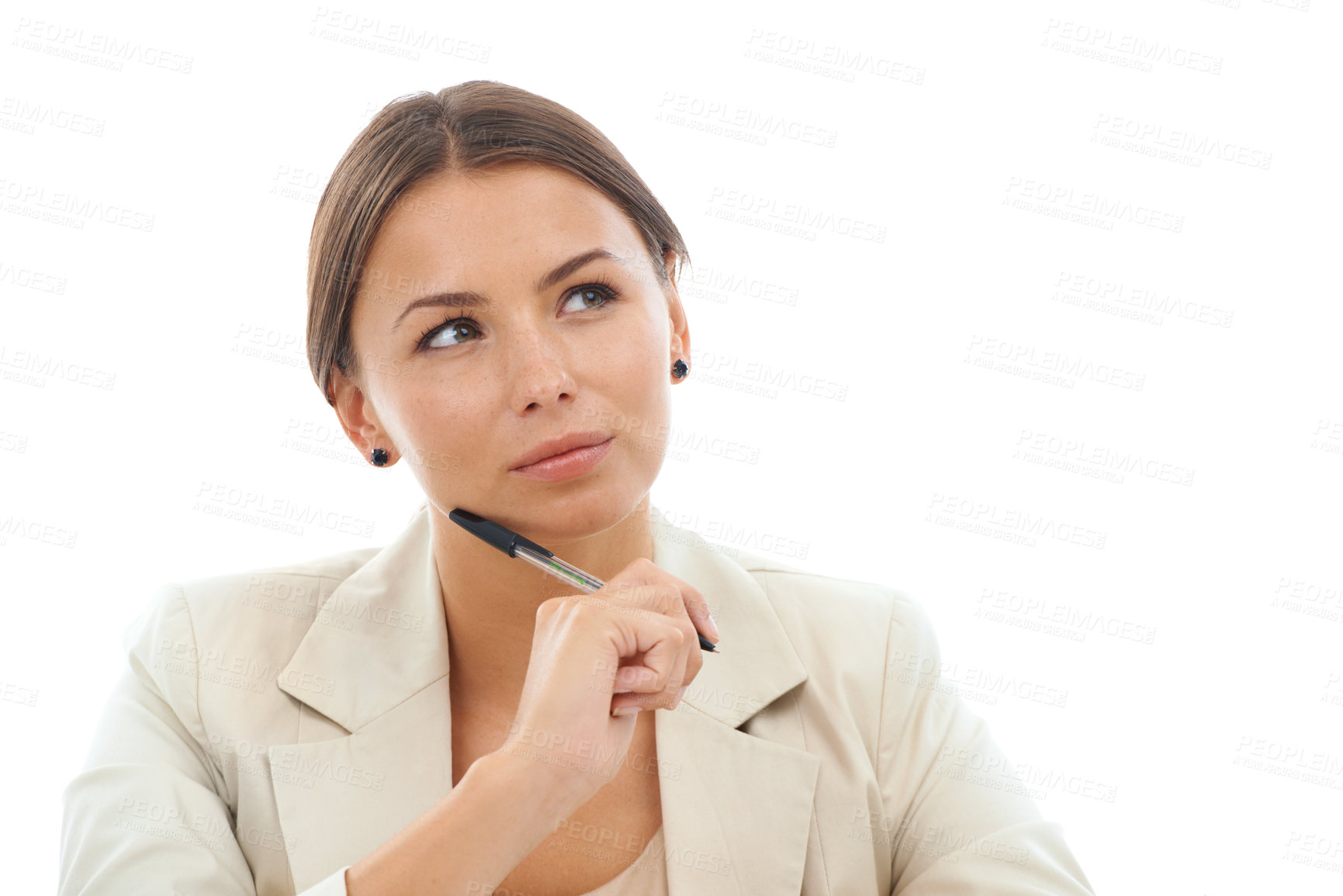 Buy stock photo Thinking, white background and face of business woman with ideas, ambition and problem solving with pen. Administration, corporate and isolated worker with pride, wondering or brainstorming in studio