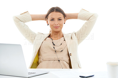 Buy stock photo Portrait of a pretty young businesswoman leaning back in her chair with her hands behind her head.