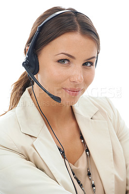 Buy stock photo Happy woman, portrait and headphones in call center for telemarketing or customer service on a white studio background. Face of female person, consultant or agent smile with headset for online advice