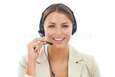 Buy stock photo A beautiful young female operator wearing a headset isolated on a white background