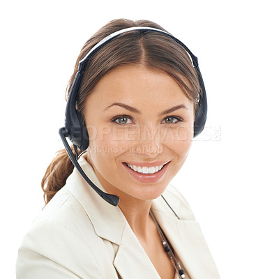 Buy stock photo Business woman, portrait and face with headphones in call center for customer service on a white studio background. Female person, consultant or agent smile with headset and mic for telemarketing