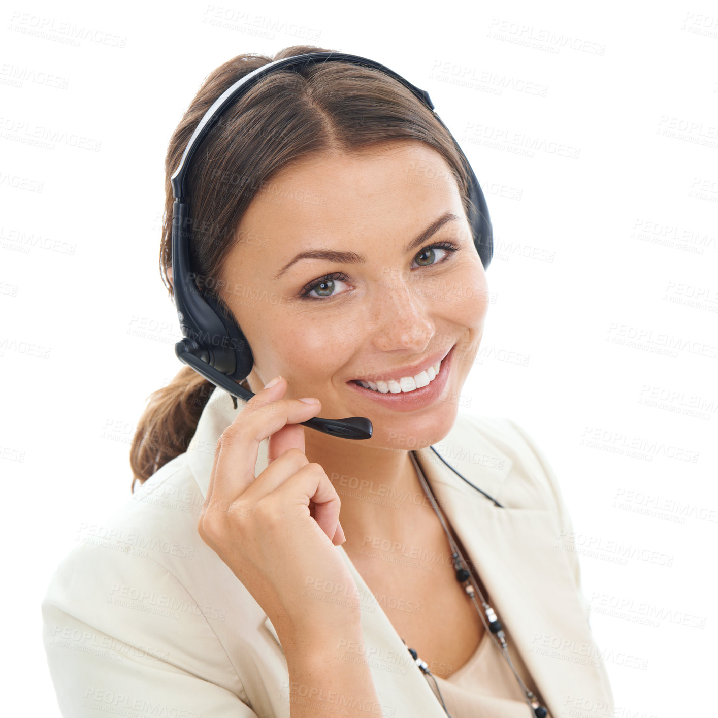 Buy stock photo A beautiful young receptionist wearing a headset and isolated on a white background