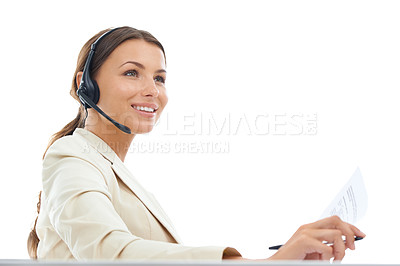 Buy stock photo Business woman, consultant and call center with documents in customer service on a white studio background. Female person or agent smile with headphones for online advice or help with mockup space