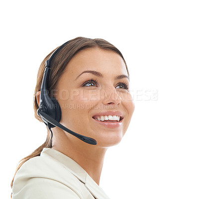 Buy stock photo Happy woman, consultant and call center in telemarketing on a white studio background. Face of young female person or friendly agent smile with headphones for online advice or service on mockup space