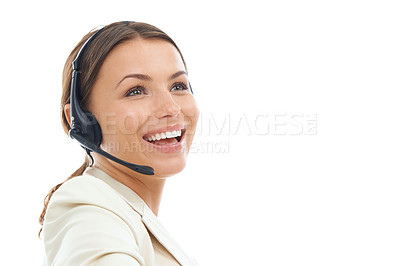 Buy stock photo Happy woman, consultant and call center in customer service or telemarketing on a white studio background. Face of friendly person or agent smile with headphones for online advice on mockup space