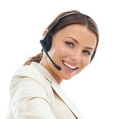 Buy stock photo Happy woman, portrait and face of consultant in call center, customer service or telemarketing on a white studio background. Friendly person or agent smile with headphones for online advice or help