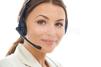 Buy stock photo Woman, portrait and face of consultant in call center, customer service or telemarketing on a white studio background. Friendly person or agent smile with headphones for online advice on mockup space