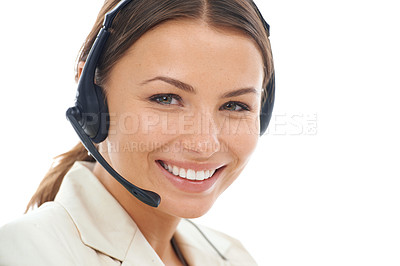 Buy stock photo A close-up studio shot of a smiling female operator wearing a headset isolated on a white background