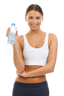 Buy stock photo Portrait, exercise or woman with water in studio for fitness, energy or detox for healthy training on white background. Happy athlete drinking bottle of liquid for hydration, nutrition or sports diet