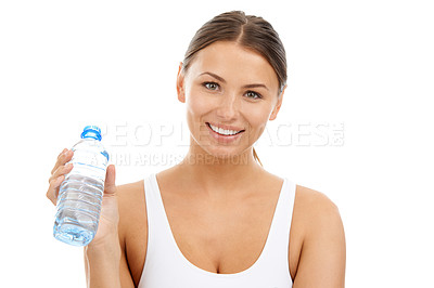 Buy stock photo Portrait, fitness woman and water bottle in studio for sports break, energy and detox on white background. Happy athlete with liquid drink for hydration, nutrition and healthy recovery for exercise 