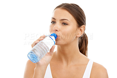 Buy stock photo Fitness, woman or drinking water in studio for exercise break, energy or detox for healthy recovery on white background. Athlete, thinking and bottle of liquid for hydration, nutrition or sports diet