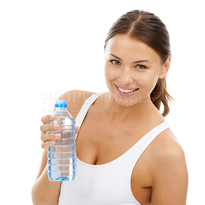 Buy stock photo Portrait, happy woman and water bottle in studio for Fitness break, energy and detox on white background. Sports, athlete and drinking liquid for hydration, nutrition or healthy recovery for exercise