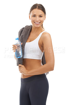 Buy stock photo Happy, portrait and woman with water for gym and wellness in white background of studio. Person, smile and start of sports, workout and exercise with liquid in bottle for hydration or health benefits