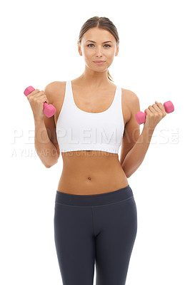 Buy stock photo Woman, dumbbells and portrait in studio for exercise, training or sports workout on white background. Fitness model, weights or strength for performance, action and power of biceps, muscles or health