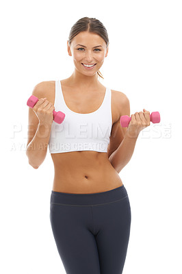 Buy stock photo Happy woman, dumbbells and portrait in studio for power, training or sports workout on white background. Strong model, weights and fitness performance, action or exercise of biceps, muscles or health