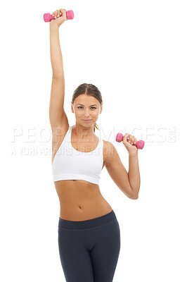 Buy stock photo Woman, portrait and stretching with dumbbells in studio for exercise, training or sports workout on white background. Fitness model, weights and strong arm muscles for performance, action or movement