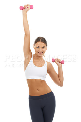 Buy stock photo Happy woman, portrait and stretching with dumbbells in studio for exercise, training and energy on white background. Fitness model, weights and strong arm muscles for performance, action and workout