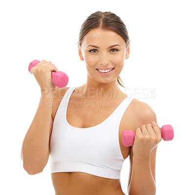 Buy stock photo Woman, dumbbells or portrait in studio for exercise, healthy training or sports workout on white background. Happy model, fitness or weights for performance, action and power of biceps, arm or muscle