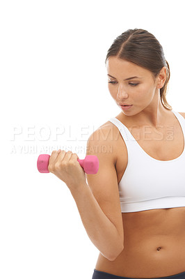 Buy stock photo Studio, dumbbells and woman doing arm exercise, bodybuilder strength development or bicep workout. Weightlifting equipment, fitness and sports athlete training for muscle growth on white background
