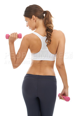 Buy stock photo Fitness, exercise and woman in studio with dumbbell for workout, muscle training and body building. Gym, power and commitment to improvement, strong girl weight lifting on white background from back.