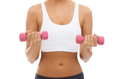 Buy stock photo Fitness, hands and woman in studio with dumbbell for workout, muscle training and body building. Healthy exercise, power and commitment to improvement, strong girl weight lifting on white background.