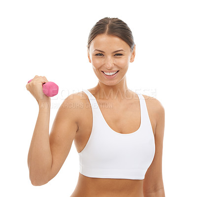 Buy stock photo Fitness, portrait and happy woman in studio with dumbbell for workout, muscle training and body building. Exercise, power and commitment to improvement, strong girl weight lifting on white background