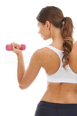 Buy stock photo Fitness, gym and woman in studio with dumbbell for workout, muscle training and body building. Exercise, power and commitment to improvement, strong girl weight lifting on white background from back.