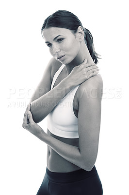 Buy stock photo Sports, injury and woman massage neck pain from exercise or workout in white background and studio. Stretching, shoulder and person with ache or hurt from accident and self care medical treatment